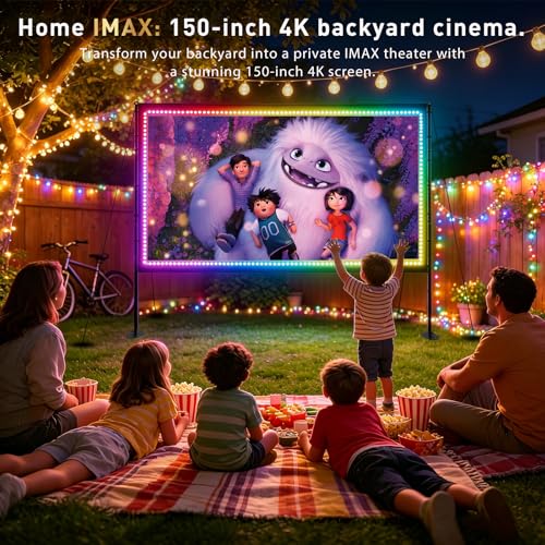 150 inch Projector Screen with Stand, USB String Lights Connection 16:9 4K HD Portable Movie Screen Indoor Outdoor,Wrinkle-Free Foldable Projection Screen for Home Theater Backyard, Office, Travel