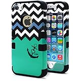 iPhone 5S Case, MagicMobile® Hybrid Impact Shockproof Cover Hard Armor Shell and Soft Silicone Skin Layer [Chevron Pattern with Heart Anchor Design Color: Black - Turquoise ]