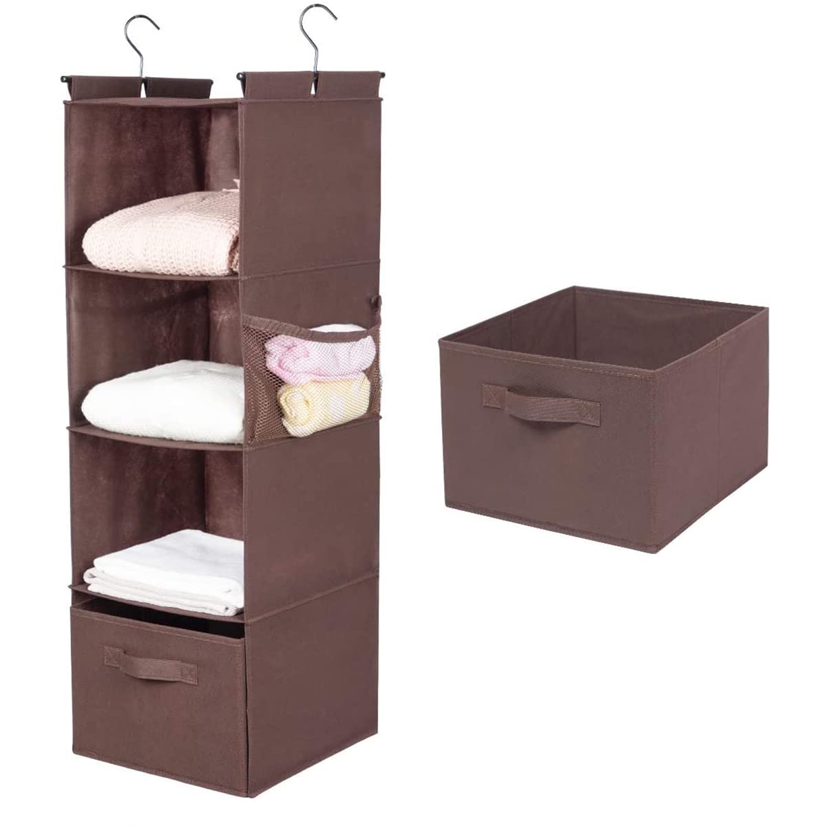 MAX Houser 4-Shelf Hanging Closet Organizer, Space Saver, Cloth Hanging Shelves with 2 Side Pockets, Foldable (Brown)
