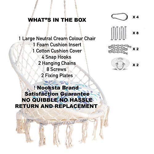 Nooksta Macrame Hanging Chair Swing Chairs Included Cushion & Hanging KIT for Indoor Outdoor, Hammock Stand, Ceiling or Tree Swing. Blue Vine Cushion - Thumbnail 6