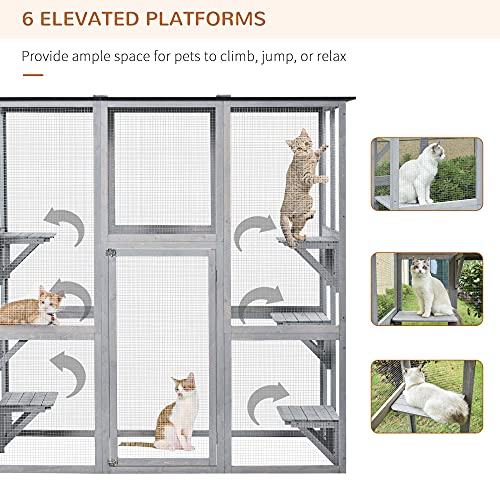PawHut Outdoor Catio Cat Enclosure, Large Weatherproof Cat House with Asphalt Roof, 6 Jumping Platforms, Wooden Walk-in Kitty Cage for Multiple Kittens, 71" x 39" x 71", Grey