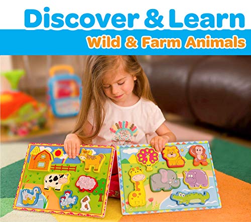 OKIKI Wooden Chunky Puzzles for Toddlers - Wild and Farm Animals - 14 Pieces with Full Board Illustrations (12 x 9 inches)