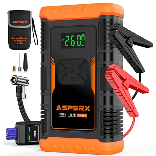 AsperX Arrancador de batería con compresor de Aire 150PSI, Arrancador de batería Portátil de 3000 A 12 V para Motor de Gasolina de hasta 10,0 l o diésel de 8.0 l, con Pantalla 3,4 Pulgadas, luz LED
