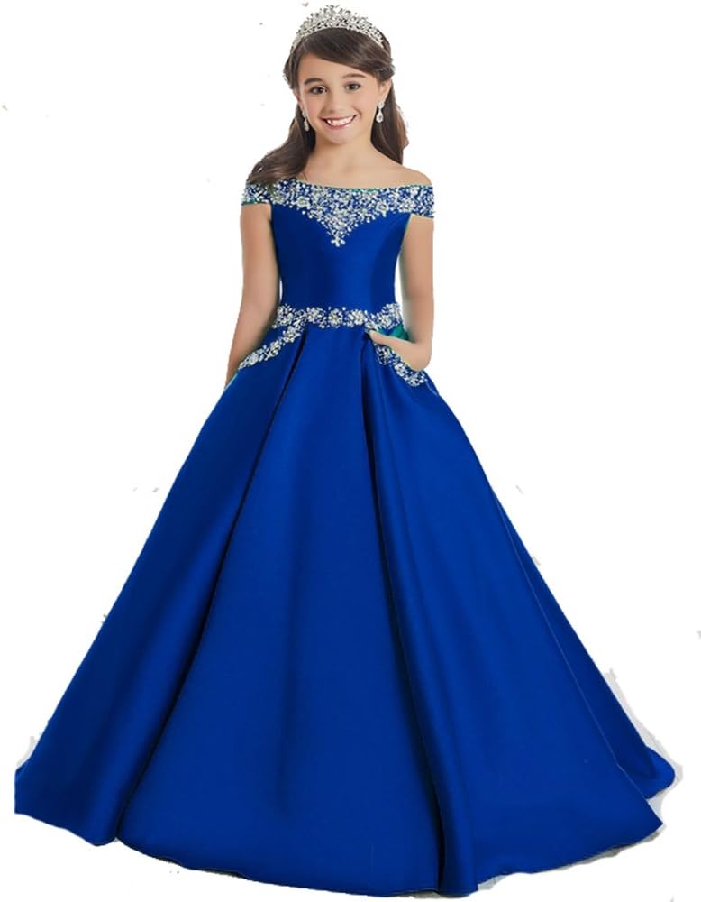 GreenBloom Off The Shoulder A Line Pageant Dresses with Beaded Corset Pockets Formal Dresses