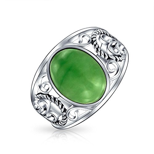 Boho Oval Dyed Green Jade Rope Scroll Filigree Statement Band Ring For Women 925 Sterling Silver August Birthstone