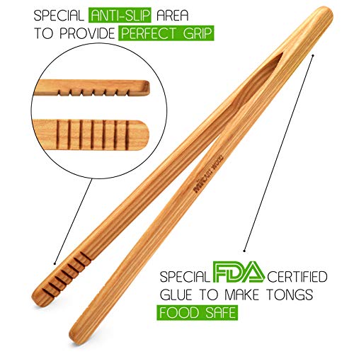 Mr.Art Wood Ultra Grip Wooden Toaster Kitchen Tongs (Pack of 2), 8" Length - Made in Europe, Ideal for Toast, Fruits, Bread & Pickles, 100% Natural Ash Wood