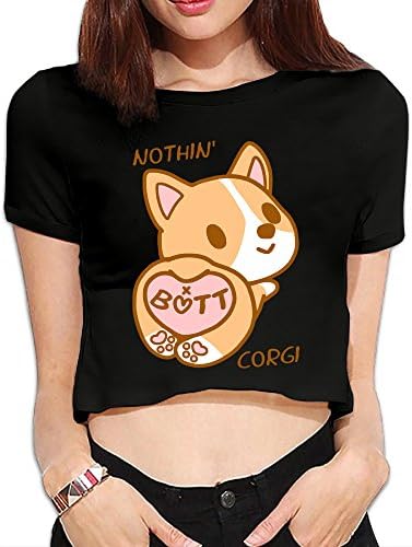 McNally Nothin Butt Corgi Girl's Summer Loose Fit Sexy Short Sleeve Tees Casual Crop Top SBlack