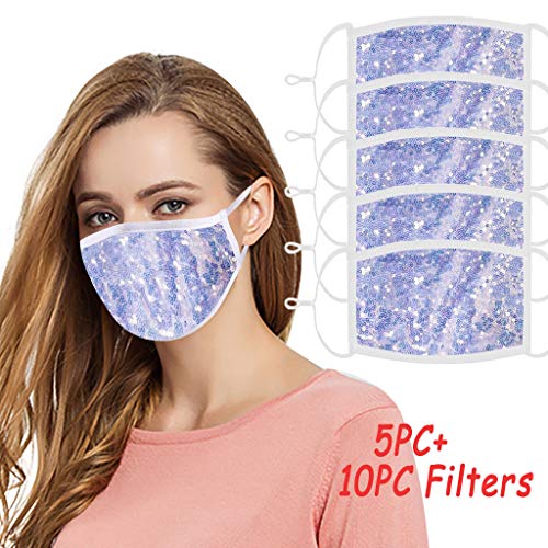 WFeieig 5PC Fashion Sequin Face Bandana with 10PC Filter Washable Reusable Anti Dust Protection For Women Men