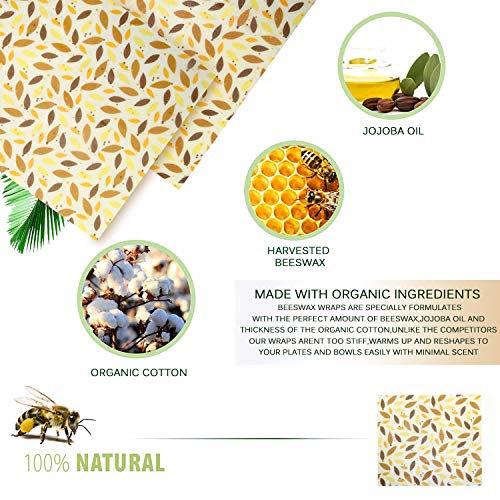 Beeswax Reusable Food Wraps, Washable Organic Cotton Food Wrap, Eco Friendly Plastic Free Food Storage, Zero Waste Reusable Beeswax Wrap- Refrigerator, Kitchen-6 PCS/Pack and Bonus 3 Mesh Bags 2 Ropes