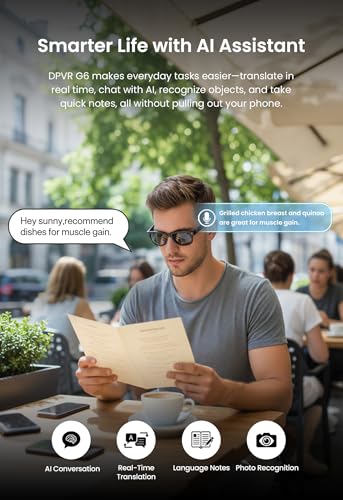 DPVR AI Smart Glasses with Camera and Bluetooth – 8MP HD Sunglasses with Camera, Video Recording Glasses, Real-Time Translation, Voice Assistant, Open-Ear Audio for Travel, Work, Music, and Daily Use