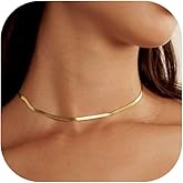 FOCALOOK 14K Gold Plated Necklaces for Women, Fashion Herringbone Choker Necklace Stainless Steel Flat Snake Chain 3/5MM(W) 12.5"/15"/18"+3.5"(L)