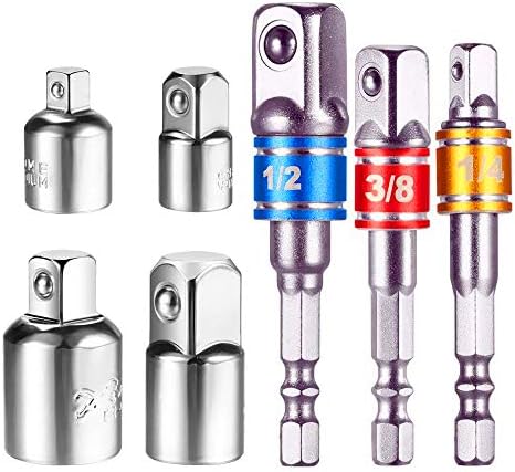 Newder Impact Adapter and Reducer Set, 7pcs 1/4" 3/8" 1/2" Hex Shank Drill Bit Bar, Extension Set Turns Power Drill Into High Speed Nut Driver, Chrome Vanadium Steel Kits for Impact Drivers Wrenches