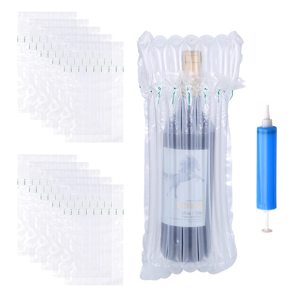 10 PCS Wine Bottle Protector,Wrap Inflatable Air Column Cushion Bag,Independent air column protection design,Shockproof packaging bag with reusable pump can be transported safely