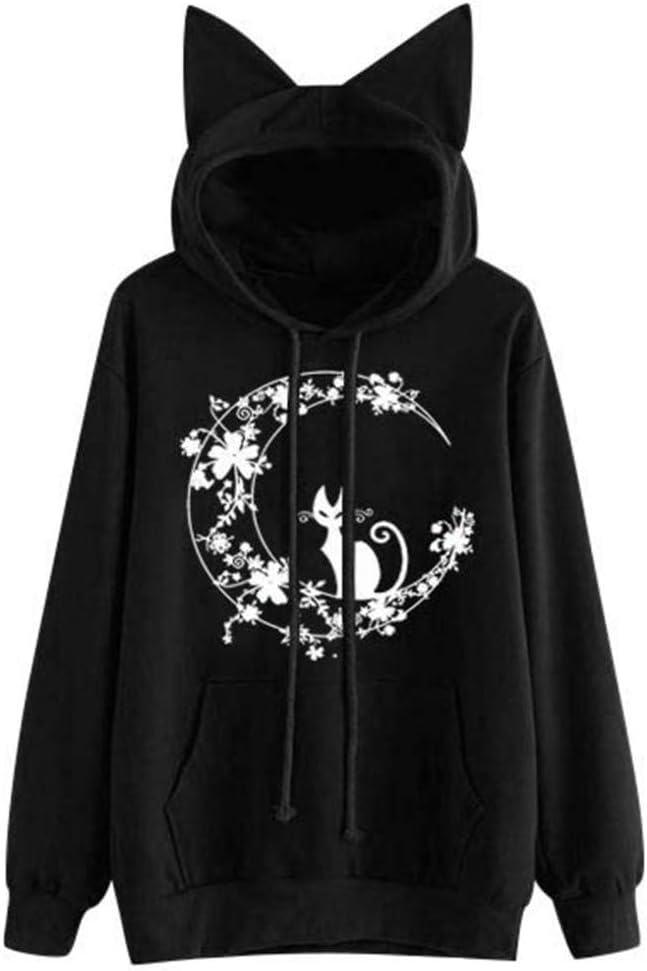 Xmiral Hoodie Women Cat Printed Long Sleeve Tops Cat Ear Cap Blouse