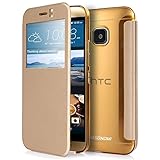 M9 Case, Pasonomi® [Smart Window View] HTC One M9 Folio Wallet Case - Slim Flip Leather Case For HTC One M9 Smartphone (Golden)
