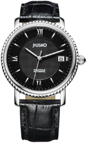 Jiusko Mens 24 Jewel Automatic Dress Wrist Watch - Sapphire - Exhibition Caseback - Date - Black Dial with Black Leather Strap - 140MRG0108