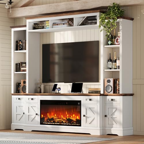 Jocisland 98in Farmhouse Entertainment Center with 36" Fireplace, TV Stand, Bookshelves, Wine Cabinet, Fits 75" TVs, Large Wall Unit Media Console with Power Outlets & Barn Doors, Living Room, White