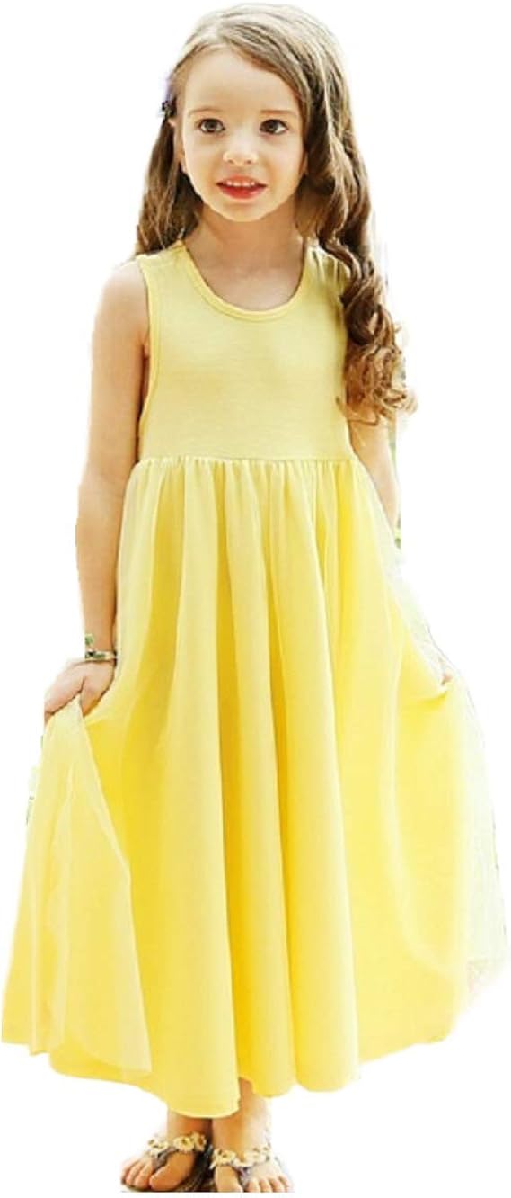 Amazon Baobao 子供 リゾート ワンピース ドレス ノースリップロングワンピース 無地ドレス チュールワンピ キッズ イエロー パープル ワンピース チュニック 通販