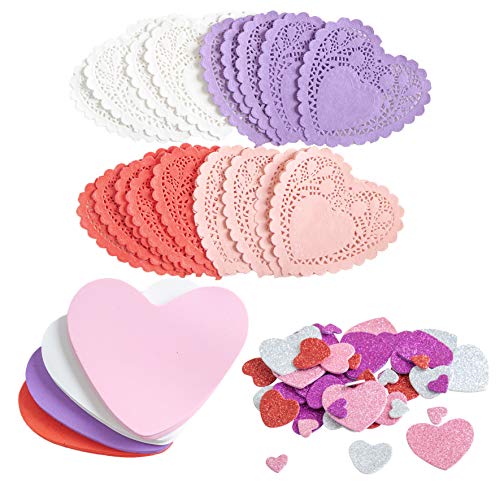 JOYIN Valentines Day Craft Gift Set with 100 Heart Doilies, 24 Pieces Foam Hearts and 2 Bags of Foam Heart Stickers