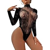 Hey Song Women's Floral Fishnet Teddy Bodysuit Babydoll High Neck Mesh Lingerie Backless Long Sleeve Clubwear Top Leotard
