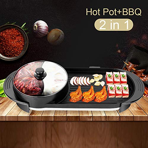 Soniker New Hot Electric Grill Pot Barbecue Grill 2 in 1 Multifunctional Electric Dual Temperature Control Hot Pot Barbecue Grill Easy-To-Clean Nonstick Plate 110V