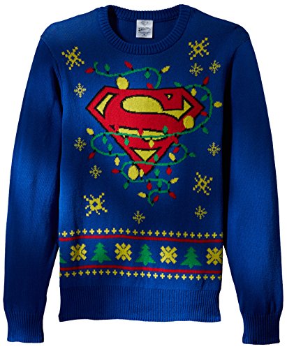 DC Comics Batman Men's Superman Logo Ugly Christmas Sweater with LED Lights, Blue, Large