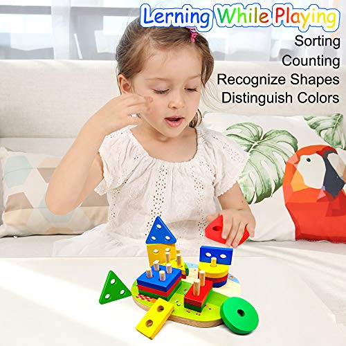 Wooden Educational Toy for Toddlers, Sorting Stacking Toy for Toddlers, Shape Color Recognition Puzzle Stacker, Geometric Board Blocks Stacking Sort, Montessori Toddlers Toy for 1 2 3 4+ Years Old