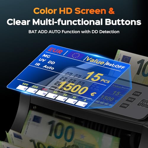 Bonvoisin Banknote Counter, Money Counter Counting the Value of Classified Banknotes, with UV/MG/IR/DD Counterfeit Detection, 1000 pieces/min (No mixed amounts)