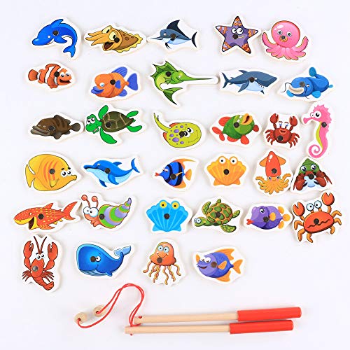 Magnetic Wooden Fishing Toy Set - Fishing Game Lets Go Fishing Toy Game 32Piece Fishes Basic Educational Development Wooden Magnetic Bath Fishing Travel Table Toy Halloween Christmas Birthday Gift for