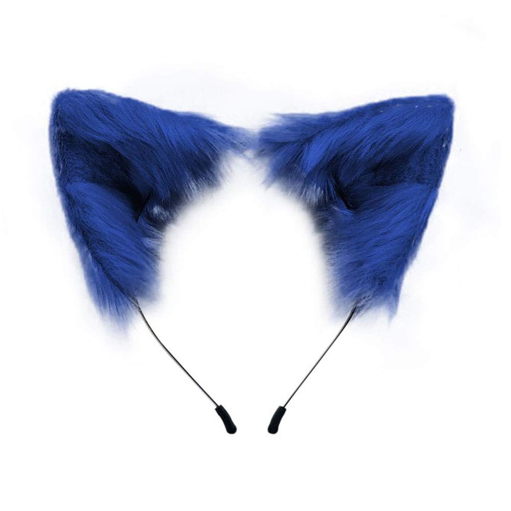 Handmade Fluffy Faux Fur Fox Animal Ears Headband Hair Hoop for Cosplay Party Halloween Costume (Blue)