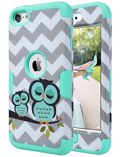 iPod Touch 6 Case,iPod 6 Case,iPod Touch 5 Case,ULAK 3 in 1 Anti-slip iPod Touch Case Hard PC+Soft Silicone Hybrid Dust Scratch Shock Resistance Cover for iPod touch 5 6th Genï¼ˆOwl_Mint Greenï¼‰