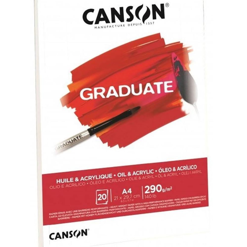 CANSON Graduate Oil And Acrylic 290gsm A5 Paper, Non-Woven, Pad Glued Short Side, 20 Natural White Sheets, For Student Artists