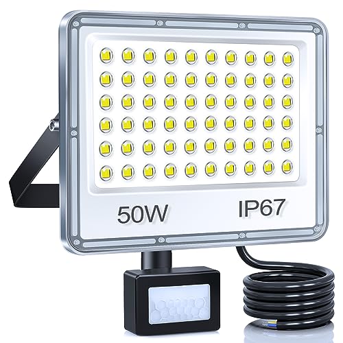 YIQIBRO Outdoor LED Motion Detector Floodlight, 50 W, 5000 LM 7000 K Outdoor LED Spotlight Motion Detector, IP67 Waterproof Outdoor Lighting for Garden, Patio, Garage