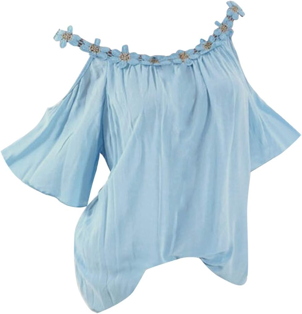 Aniywn Women Summer Lace Patchwork Short Sleeve O-Neck T-Shirt Blouse Off