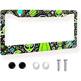 Space Alien &amp; Galaxy Aluminum License Plate Frame (6x12 Inch) - Neon Green Sci-Fi Design Car Tag Frame with Screws, Outer Space Themed Vehicle Accessory