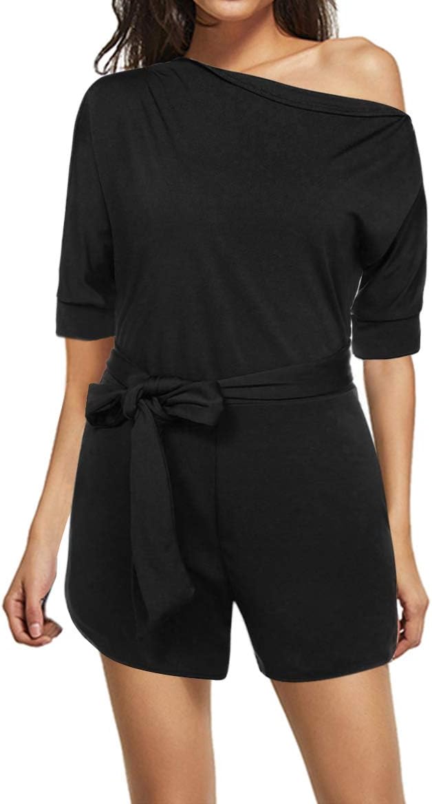 ORICSSON Women's Jumpsuits One Shoulder Short Sleeve Wide Leg Short Romper Pants with Belt and Pockets