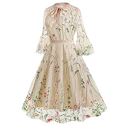 Bow Tie Neck Floral Embroidery Illusion Dress for