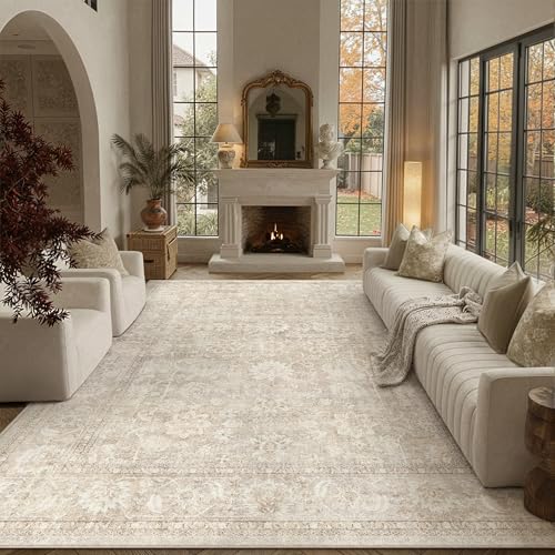 PureCozy Vintage Alfombra Salon 200x300cm Beige Grandes Alfombras de Habitacion Antideslizante Lavable Lavadora Carpete Sala Comedor Dormitorio Oficina Pelo Corto Carpet