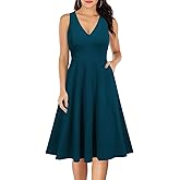 WOOSEA Women's Sleeveless V Neck Vintage Pockets Swing Business Church Dress