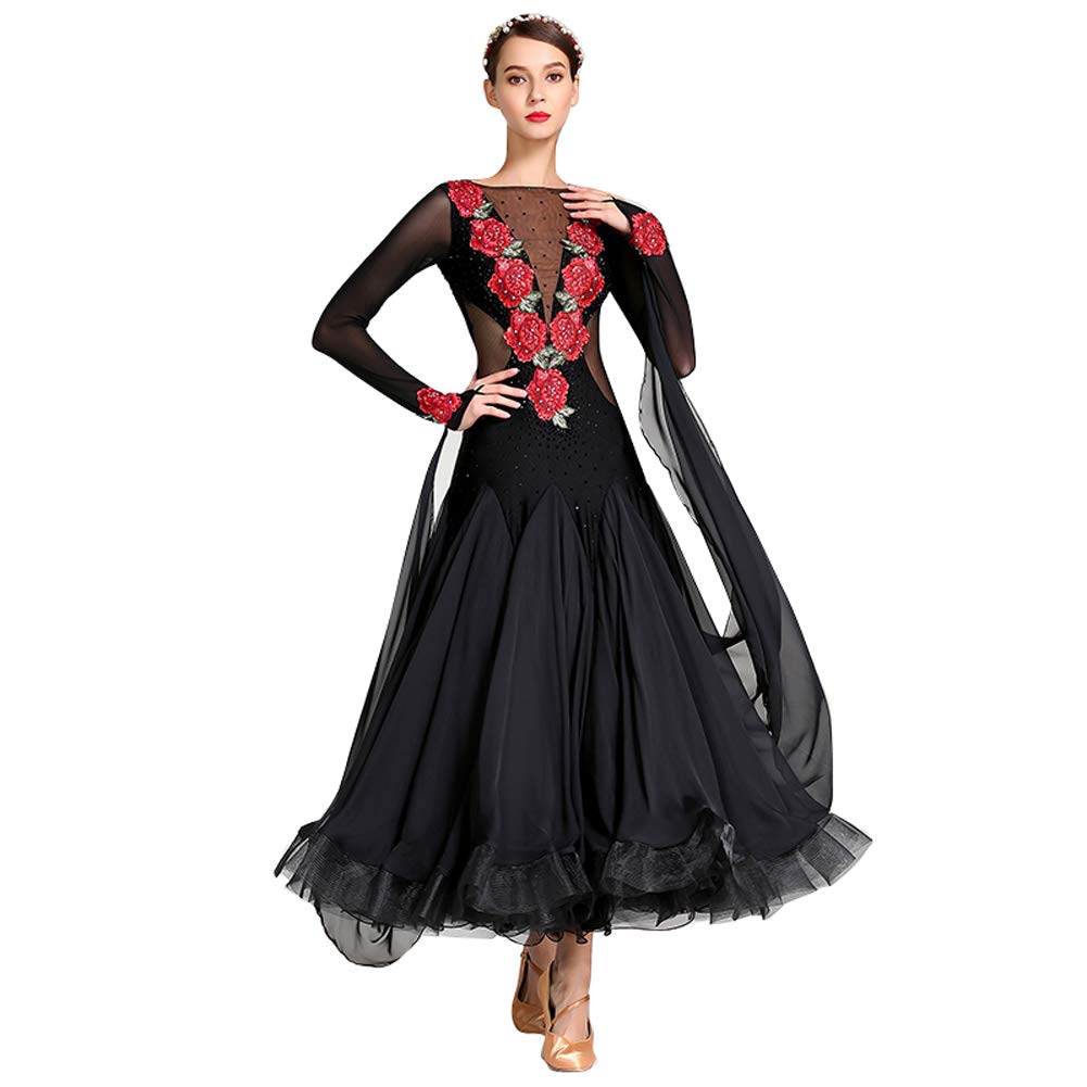B07qzgz7zp Xxl 練習競技着デモ用 Rikouzy サンバ ワルツ専用ドレス フラメンコ ルンバ 薔薇の刺繍 スタンダード発表会用演出服 ブラック ワンピース 広く裾 モダンダンス衣装 黒 レッスン着 社交ダンスドレス 社交ダンス 驚きの値段