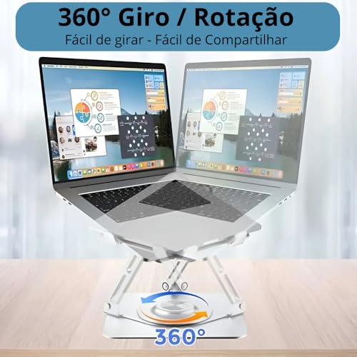 Suporte para Notebook e Laptop de até 17" MTS, Tablets e Celulares, Aço Carbono, Ajustável, Dobrável, Base Giratória 360° e Aberto para Ventilação, Suporta até 10kgs, Ergonômico Portátil (Branco)