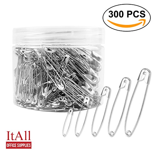 ItAll 300PCS 3/4-2.2Inch 5Sizes Safety Pins with Safety Head, Rust-Resistant Nickel Plated Steel Set for Kids Sewing Quilting Arts Crafts Office and Home Use