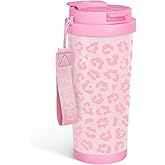SANDJEST Leopard Tumbler - Stainless Steel 2-in-1 Lid Coffee Tumbler 18 oz, Leopard Print Insulated Travel Mug Gift for Women Girls Teens, Birthday Christmas (Pink)