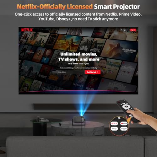Bettdow Proyector Full HD 1080P con Licencia Oficial Netflix, Control por Voz AI, Altavoz Integrado, Compatible con PC Laptop TV Box PS4, Relación de Aspecto 16:9 – Ideal para Cine en Casa, Juegos