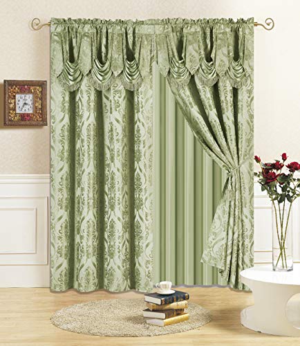 All American Collection New 4 Piece Drape Set with Attached Valance and Sheer with 2 Tie Backs Included (63" Length, Sage) — image 1