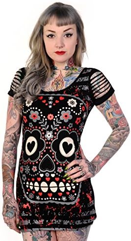 Rockabilly Love Day of the Dead Flower Candy Sugar Skull Cut Out Shoulder Top (S)