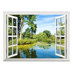 Removable Wall Sticker/Wall Mural - Lush Green Woodland Park Reflecting in Tranquil Pond in Sunshine | Creative Window View Wall Decor - 24"x32"