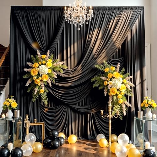 12×3 m Schwarz Fotowand Hintergrund Vorhang, 8 Platten 1,5×2,15m Faltenfreie Seide Polyester Geburtstag Hintergrund Fotografie, Hochzeit Party Babydus