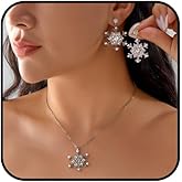 Lookray Snowflake Jewelry Set for Women Sparkly Cubic Zirconia Winter Pearl Snowflake Stud Earrings Necklace Rhinestone Crystal Winter Charm Necklaces Christmas Holiday Jewelry Accessories