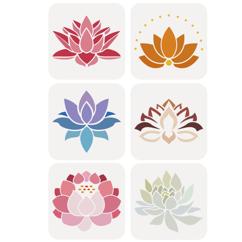 FINGERINSPIRE Lotus Flower Painting Stencil - 6pcs Reusable 15x15cm PET Template for Wall & Wood Art